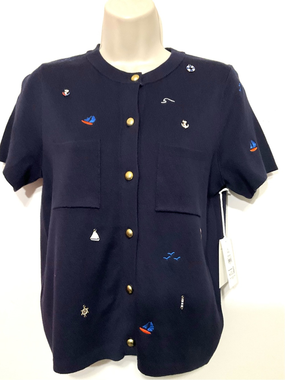 Navy Short-Sleeve Embroidered Button Front cardigan with a nautical theme